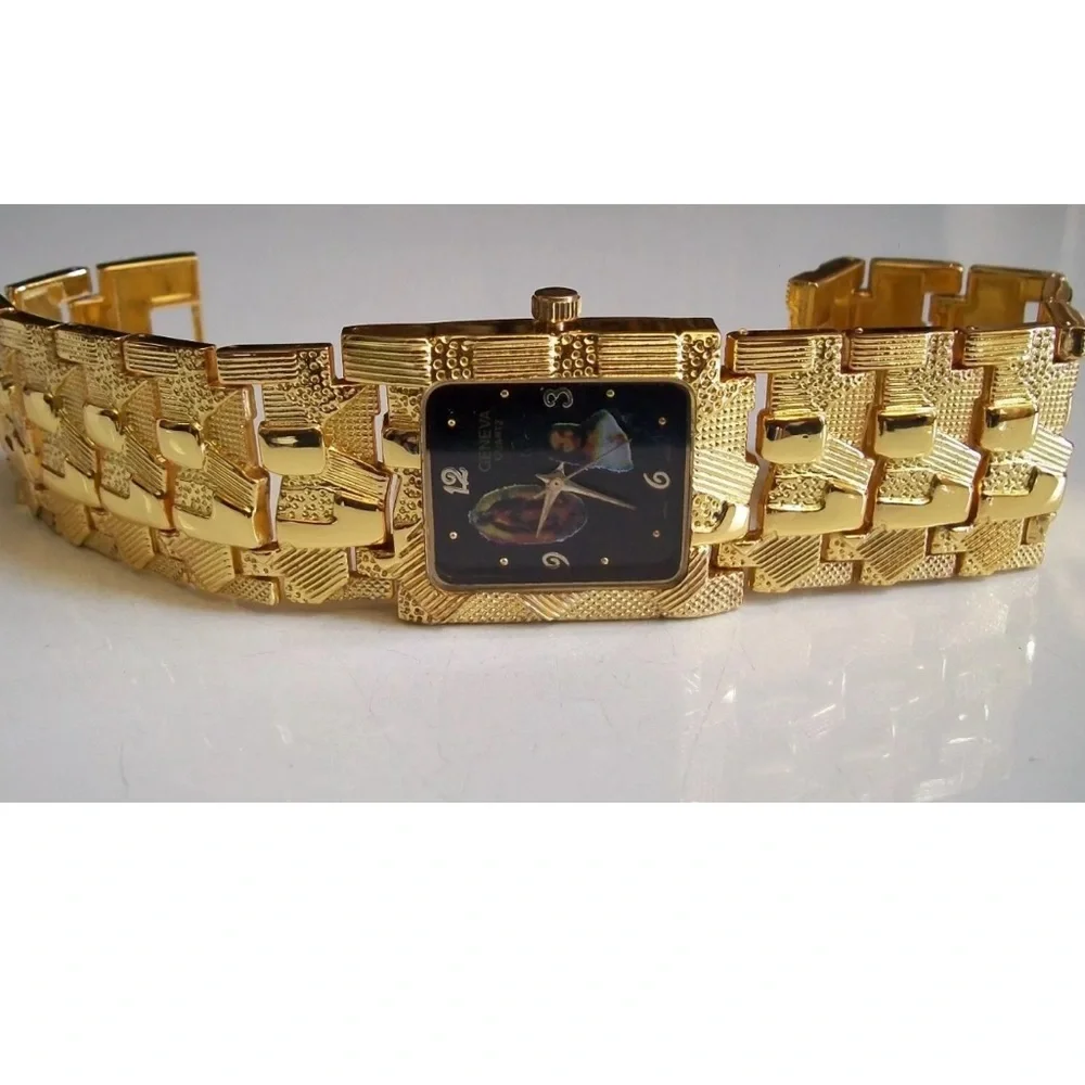 Men's Gold Finish Nugget Style VIRGIN MARY GUADALUPE & JESUS Fashion Watch